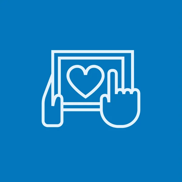 Hands holding tablet with heart sign line icon. — Stock Vector