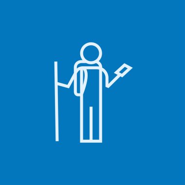 Telefon hattı simgesi ile backpacker turist.