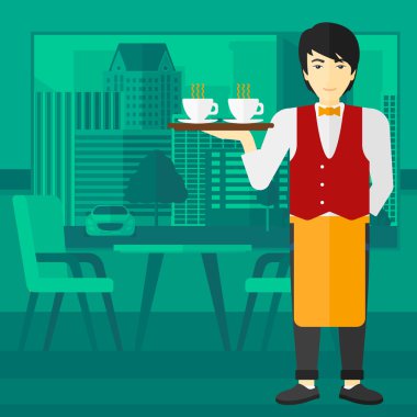 Waiter holding tray with beverages.