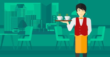 Waiter holding tray with beverages.