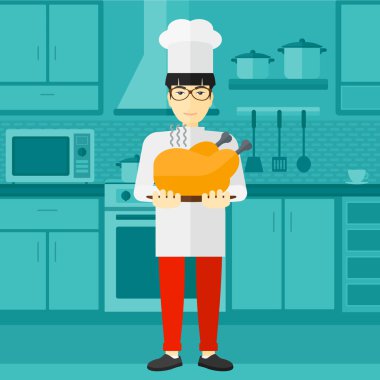 Man holding roasted chicken.