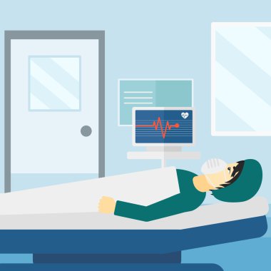 Patient lying in hospital  bed with heart monitor.
