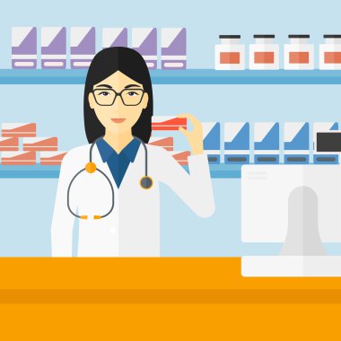 Biraz ilaç gösterilen eczacı.