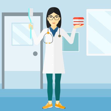 Dişçi diş çene modeli ve diş fırçası.