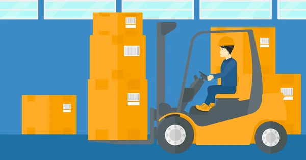 Warehouse worker moving load by forklift truck. — Stock Vector