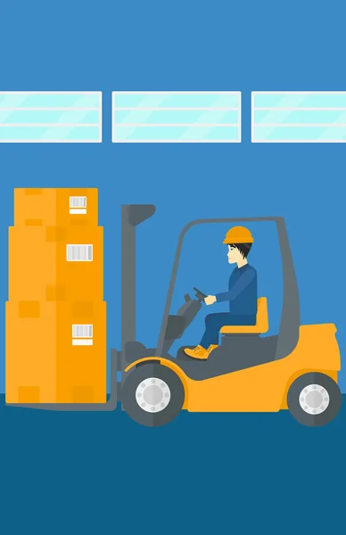 Warehouse worker moving load by forklift truck. — Stock Vector