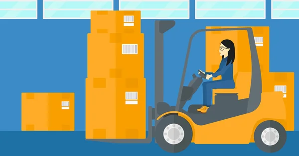 Warehouse worker moving load by forklift truck. — Stock Vector