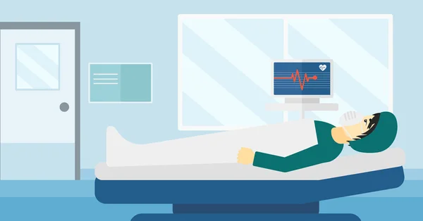 Patient lying in hospital bed with heart monitor. — Stockvector