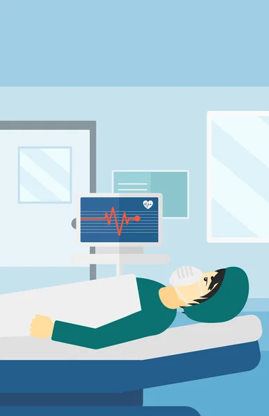 Patient lying in hospital bed with heart monitor. — Stockvector