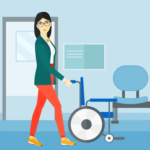 Femme poussant fauteuil roulant . — Image vectorielle