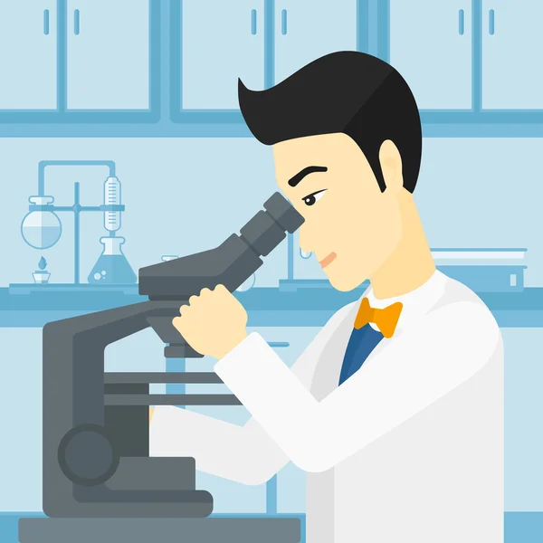 Assistente de laboratório com microscópio . — Vetor de Stock