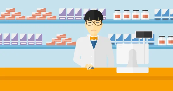 Pharmacist at counter with computer monitor. — Stockvector