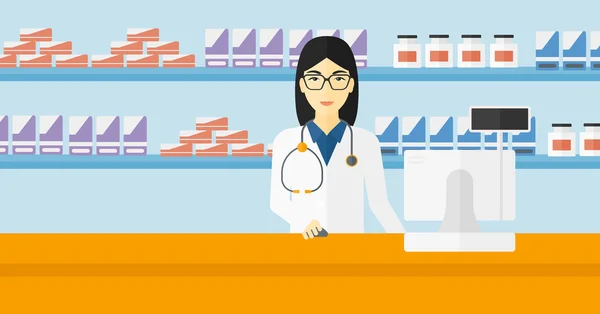 Farmacéutico en mostrador con monitor de computadora . — Vector de stock