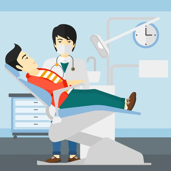 Dentista y hombre en silla de dentista . — Vector de stock