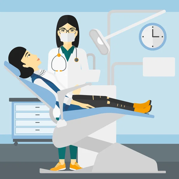 Dentista e mulher em cadeira de dentista . — Vetor de Stock