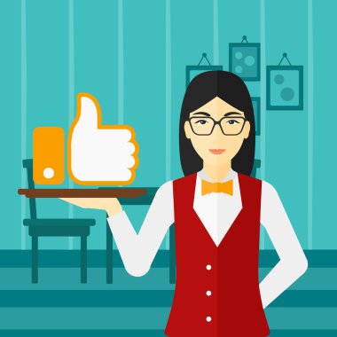 Waitress with like button.