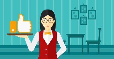 Waitress with like button.