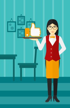 Waitress with like button.