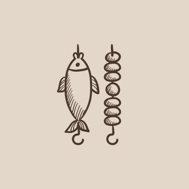 Şiş kebap ve ızgara balık simgesi kroki.