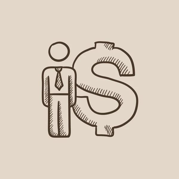 Empresário em pé ao lado do ícone do esboço símbolo dólar . — Vetor de Stock