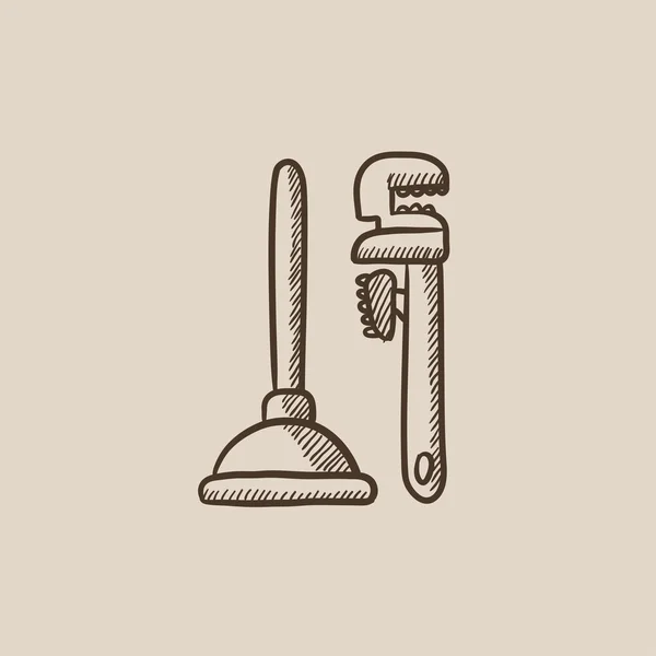 Pipe wrenches and plunger sketch icon. — Stock Vector
