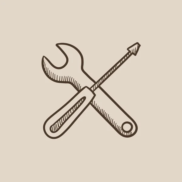 Destornillador y herramientas de llave inglesa icono de boceto . — Vector de stock