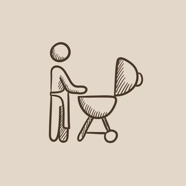 Hombre en barbacoa parrilla icono del boceto . — Vector de stock