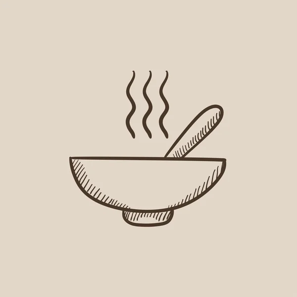 Bowl of hot soup with spoon sketch icon. — Stock Vector