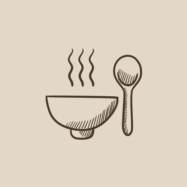 Cuenco de sopa caliente con icono de boceto cuchara . — Vector de stock