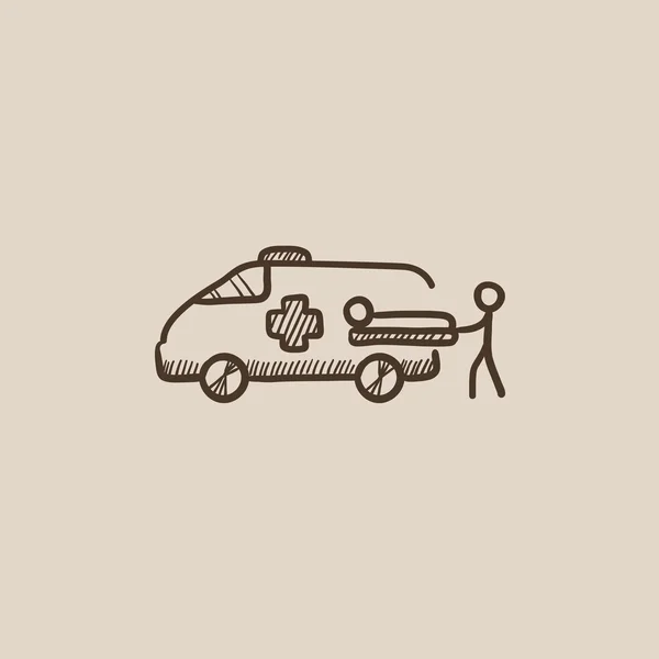 Hombre con paciente y ambulancia icono del boceto del coche . — Archivo Imágenes Vectoriales