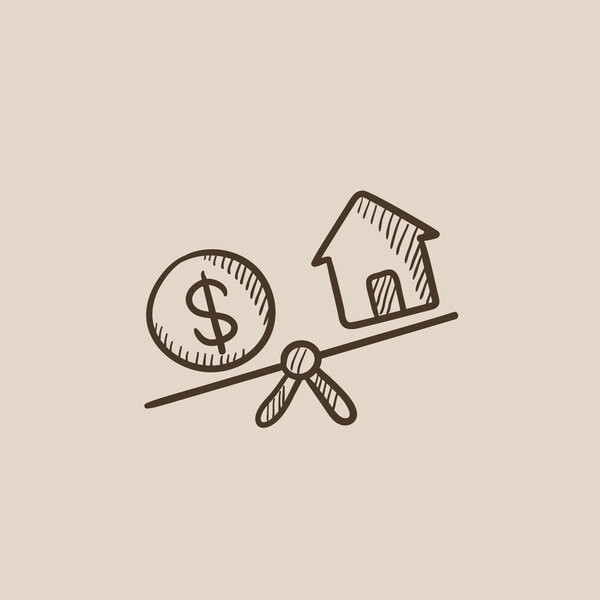 House and dollar symbol on scales sketch icon.
