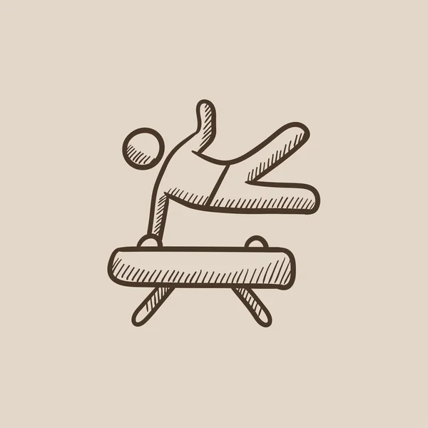 Gimnasta haciendo ejercicio en el icono del boceto de caballo pommel . — Vector de stock