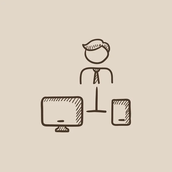 Man is gekoppeld van de computer en schets telefoonpictogram. — Stockvector