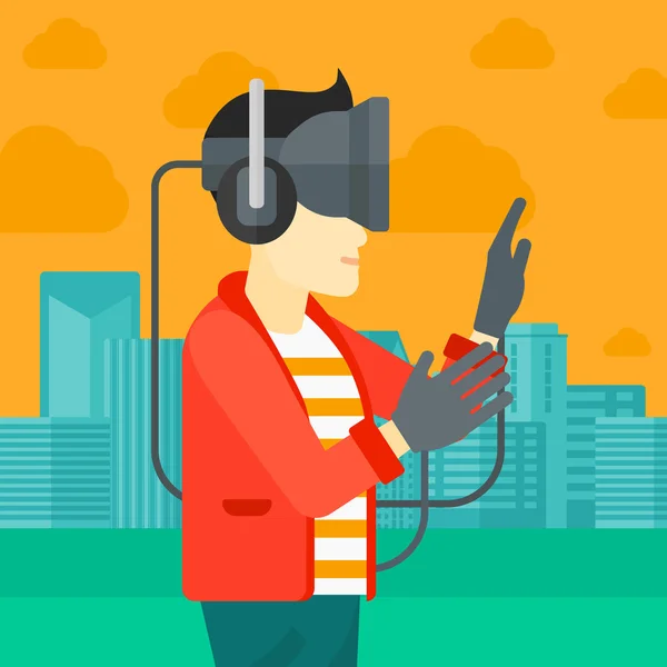 Homem vestindo fone de ouvido realidade virtual. — Vetor de Stock