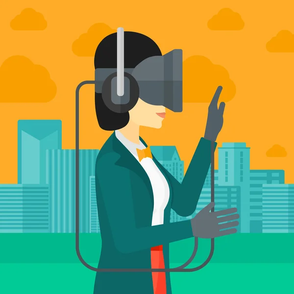 Mujer con auriculares de realidad virtual . — Vector de stock