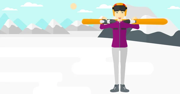 Žena držící lyže. — Stockový vektor