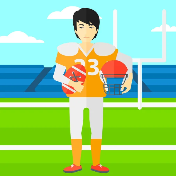 Jugador de rugby con pelota y casco en las manos . — Vector de stock