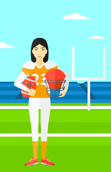 Jugador de rugby con pelota y casco en las manos . — Vector de stock