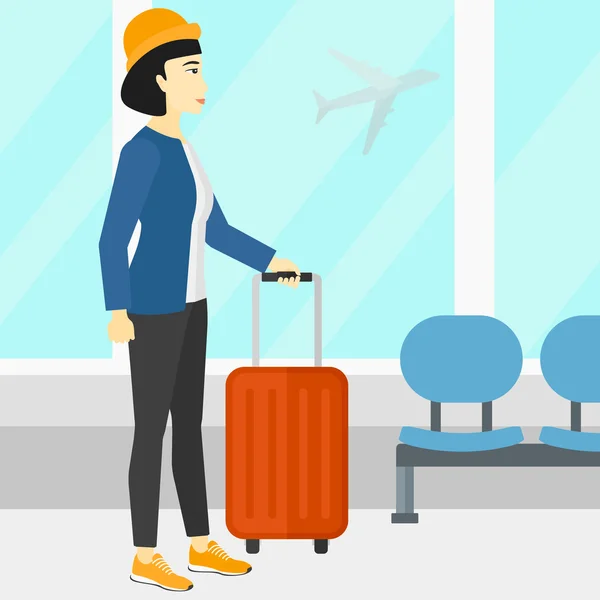 Woman at airport with suitcase. — Stock Vector