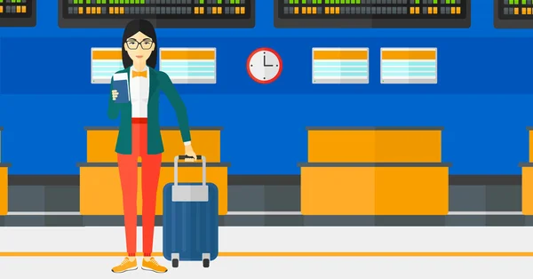 Kvinna står med resväska och innehar biljett. — Stock vektor