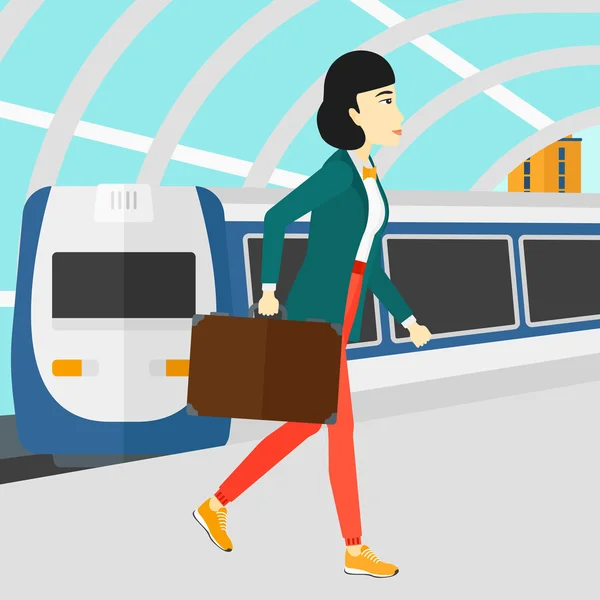 Woman going out of train. — Stock Vector
