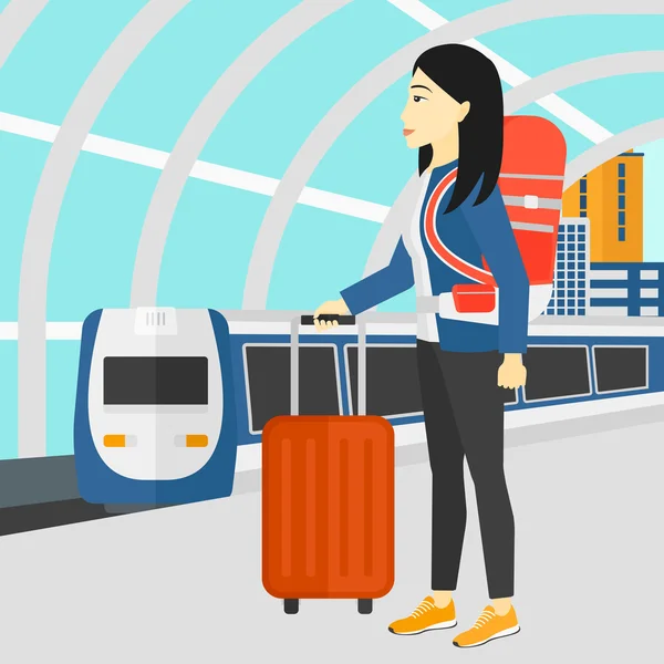 Woman with suitcase on wheels and briefcase. — Stockvector