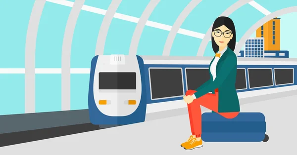 Женщина сидит на железнодорожной платформе . — стоковый вектор
