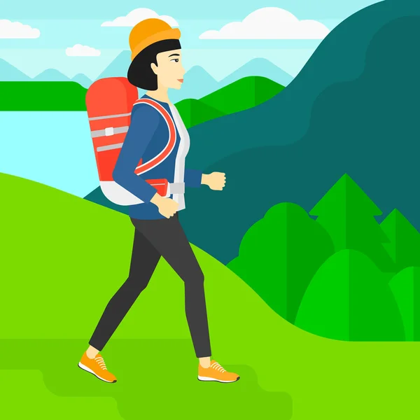 Woman with backpack hiking. — Stock Vector