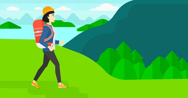 Woman with backpack hiking. — Stock Vector