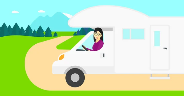 Femme conduisant un camping-car . — Image vectorielle