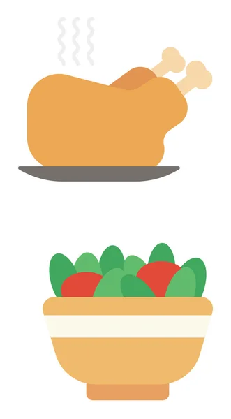 Poulet rôti entier et bol rempli de tomates et de concombres . — Image vectorielle