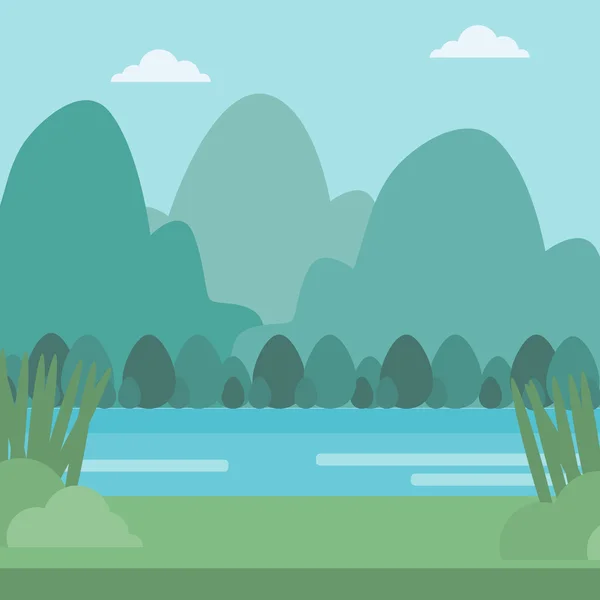 Fondo de paisaje con montañas y río . — Vector de stock