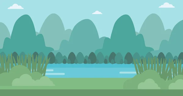 Fondo de paisaje con montañas y río . — Vector de stock