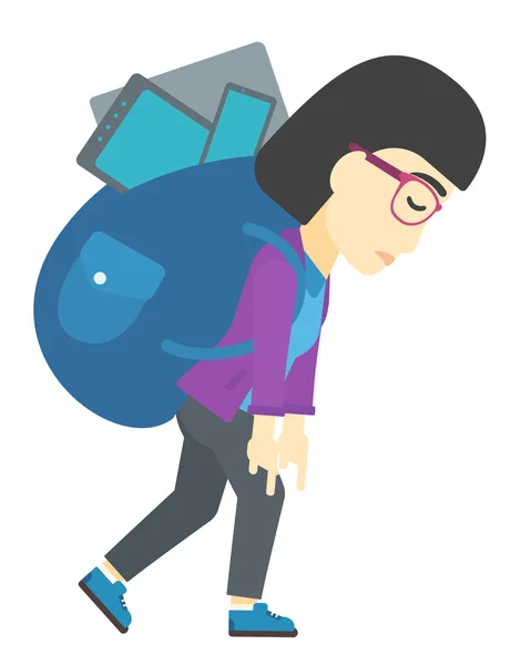 Mujer con mochila llena de dispositivos . — Vector de stock